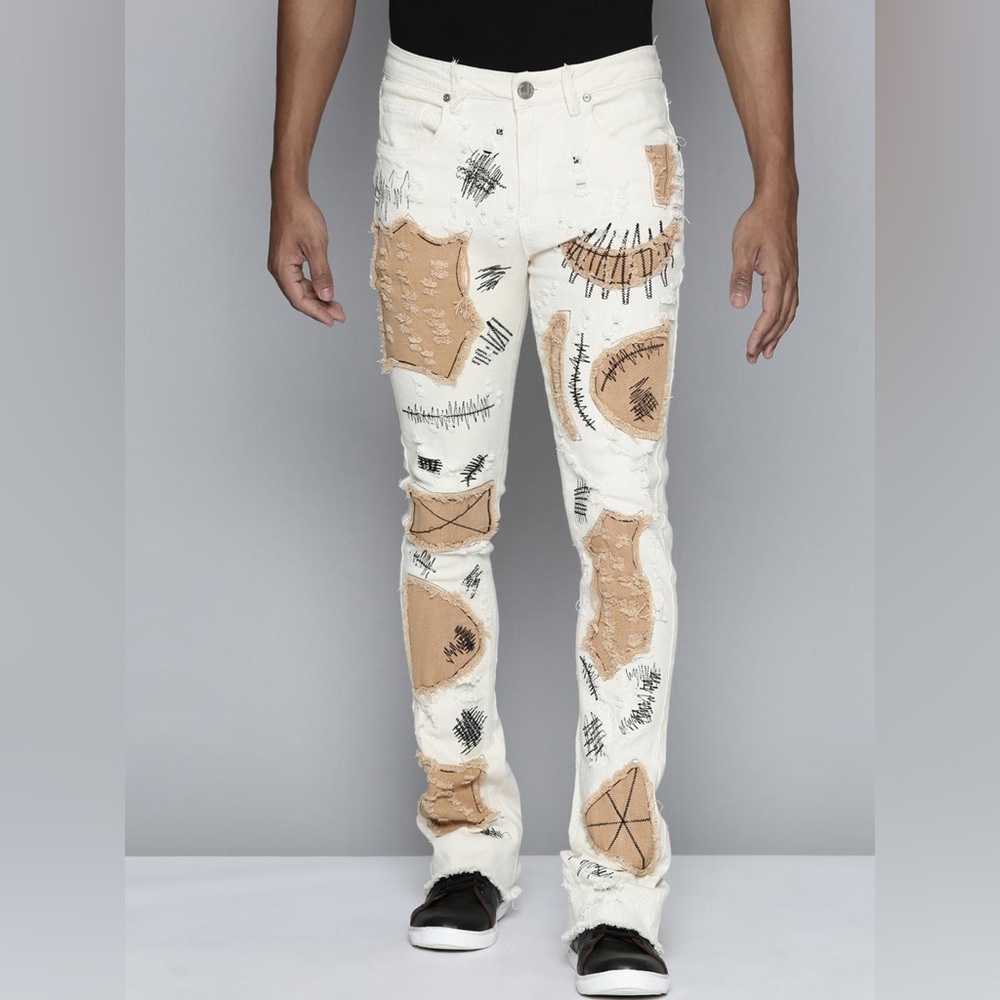 Men's Patchwork Skinny Jeans - White and Tan